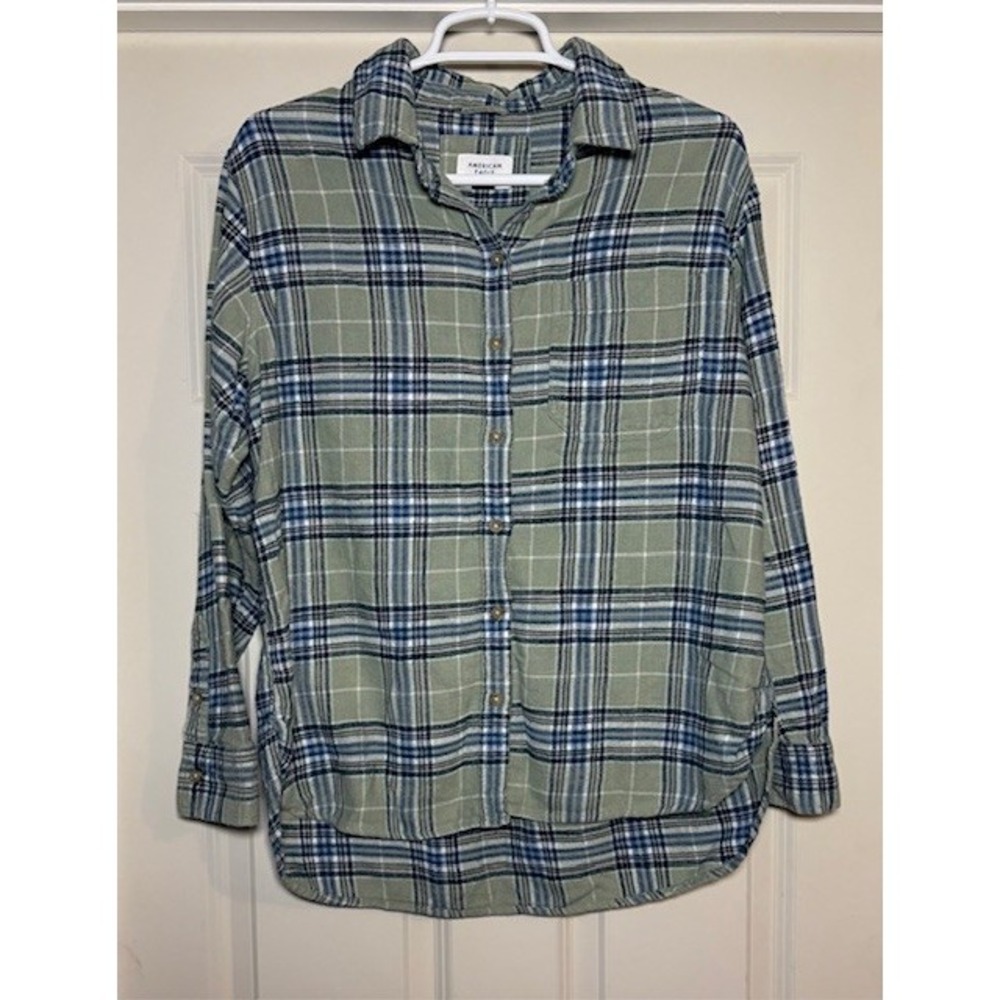 American Eagle long sleeved button down, size small, green plaid